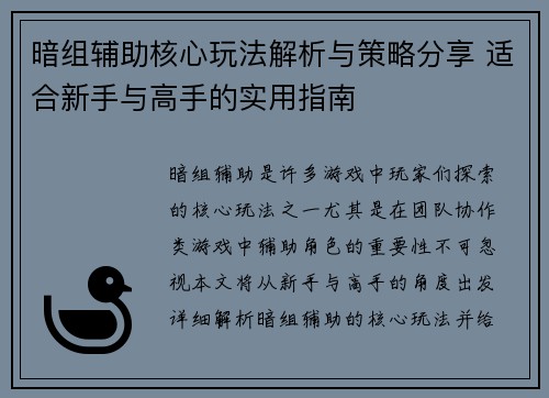 暗组辅助核心玩法解析与策略分享 适合新手与高手的实用指南
